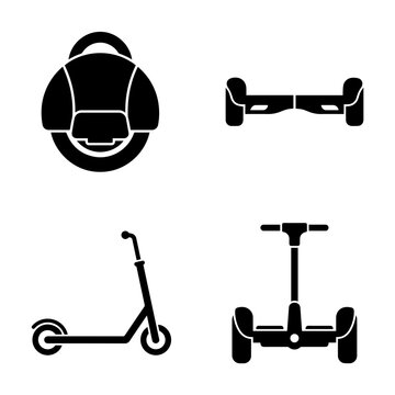 Set of four black silhouette representing modern personal electric mobility vehicles including hoverboards and electric scooters