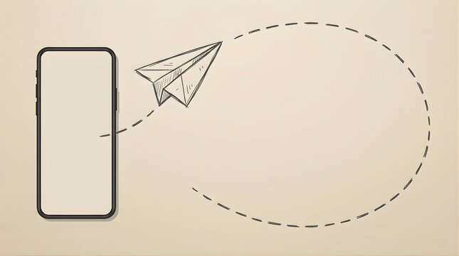 Paper airplane flying from a blank smartphone screen on beige background