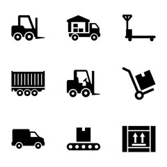 Fototapeta premium Set of black silhouette representing logistics and warehouse equipment including forklifts, delivery trucks, pallet jacks, and cargo