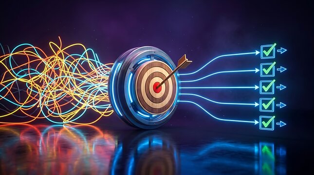 Target with arrow in center surrounded by swirling lights and leading to checklist items representing successful goal achievement and strategic planning execution.