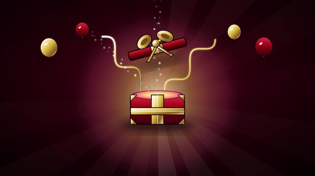 Festive open red gift box with glowing lights, confetti, and balloons for celebration background