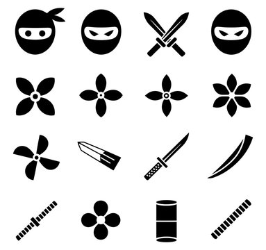 Black ninja icons set including masked faces throwing stars and traditional weapons