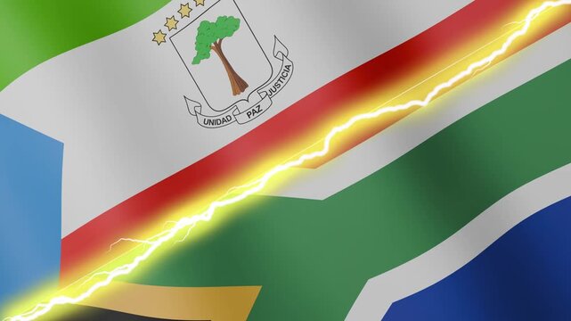 Two waving flags Equatorial Guinea and South Africa with diagonal lightning seamless, 4k loop