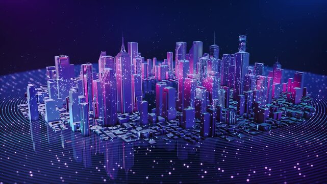 Glowing purple city model circular digital rings, particles network points. smart planning, AI spatial 19, connected infrastructure, immersive visualization, analytics urban innovation.