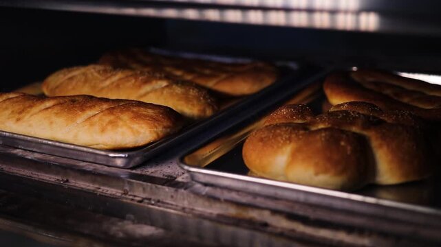 Bakery Working Process, Industrial Bread and Pastry Production in Modern Bakery Factory, Dough Mixing, Kneading, Baking and Packaging on Automated Production Line, Food Manufacturing Facility.