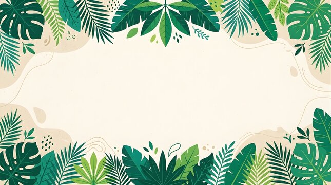 Tropical foliage border frame with monstera and palm leaves for invitations