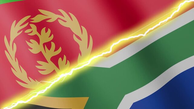 Two waving flags Eritrea and South Africa with diagonal lightning seamless, 4k loop