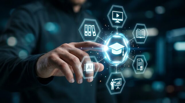 Finger touching graduation cap icon surrounded by education and AI related symbols on dark digital background for online learning concept.