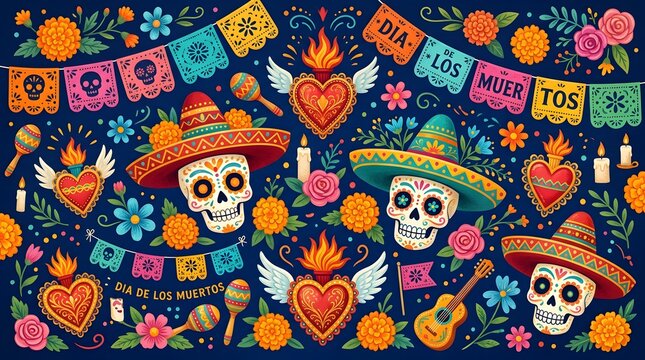 Dia de los muertos pattern with skulls sombreros and sacred hearts, sugar skull