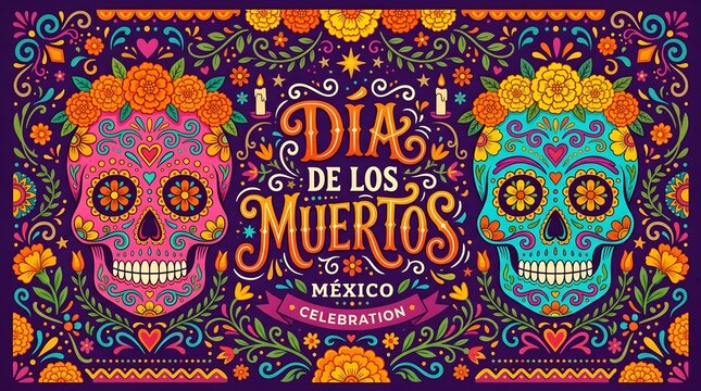 Dia de los muertos celebration banner with decorated sugar skulls and flowers
