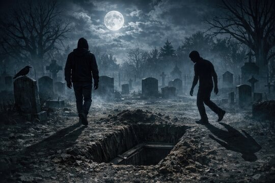 A group of people walking together in a cemetery at night, suitable for use as a background or for conceptual photography projects