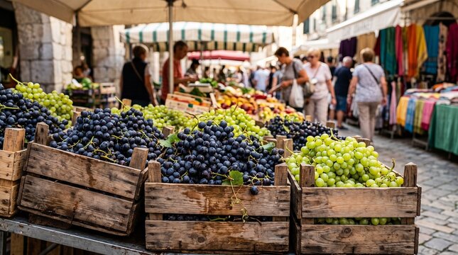 Caisses en bois remplies de raisins frais sur un &eacute;tal. Sc&egrave;ne anim&eacute;e d'un march&eacute; traditionnel en plein air avec des clients en arri&egrave;re-plan flou