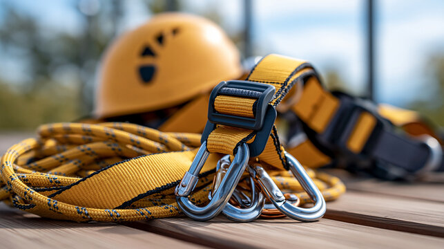 Full-body fall protection harness with safety belt, hooks and lifeline equipment arranged on a construction platform, working at height, occupational safety, fall prevention, PPE