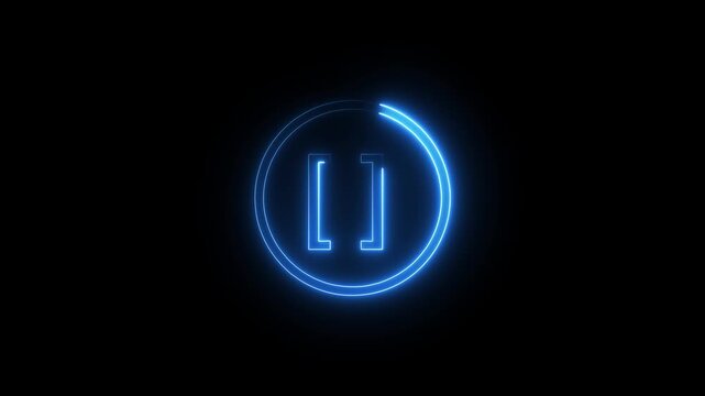 Neon blue pause icon glowing with rotating circular ring in dark minimalist video motion.