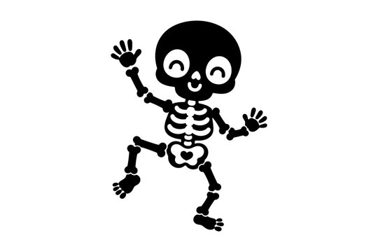 Cute dancing skeleton silhouette design, spooky friendly skeleton SVG vector, kawaii Halloween bones illustration, happy little skeleton art, kids Halloween skeleton character, adorable dancing skelet
