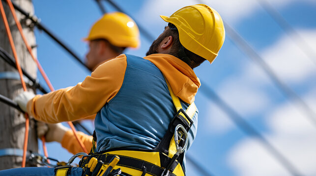 Rear view of electrician climbing a tall utility pole for maintenance work, protective helmet, harness and tools visible, power infrastructure, electrical maintenance, energy