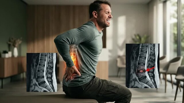 Agonized patient display: severe discomfort, acute pain, spinal disorder, nerve compression, disc hernia, lumbar vertebra, chronic ache, medical problem, orthopedic issue, health care.