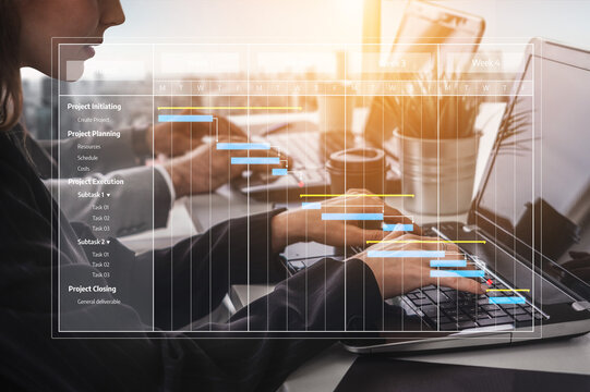 A modern office scene illustrating project management phases with a focus on Gantt chart implementation. Team members collaborate on scheduling and execution. Tessel