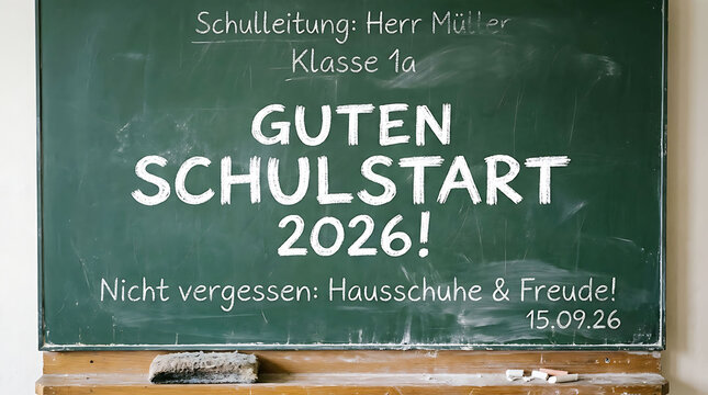 Green chalkboard with the german text guten schulstart 2026 written in white chalk for the new school year
