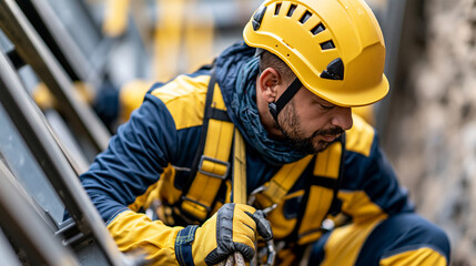 Fototapeta premium Professional worker performing maintenance inside a narrow industrial confined space, protective helmet, harness and workwear, confined space safety, industrial maintenance,