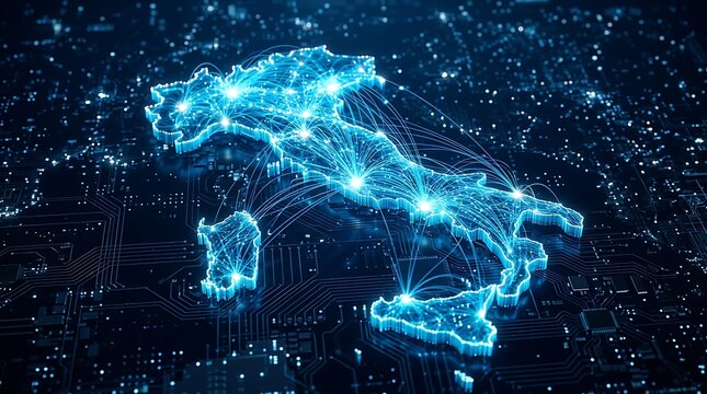 Digital map of Italy with glowing lines connecting cities and data points representing a futuristic network concept for global communication and technology infrastructure projects.