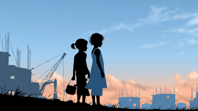 Children depicted near construction equipment and unfinished buildings for an awareness campaign against child labor, exploitation prevention, forced labor, human rights, social