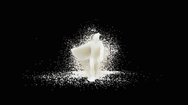 Abstract milk splash forming a dancing character, with black and white matte at the end