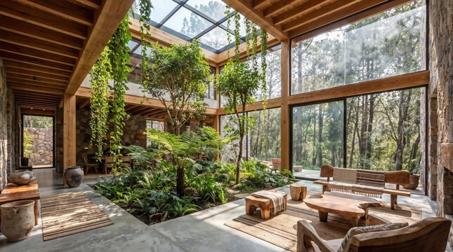 Stunning biophilic design living room. Massive glass walls and an indoor atrium with lush plants. Seamless indoor-outdoor living following 2026 trends.