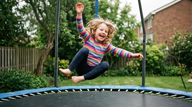 happy child jumping on a trampoline in a backyard