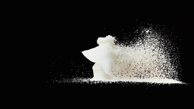 Abstract milk splash forming a dancing character, with black and white matte at the end
