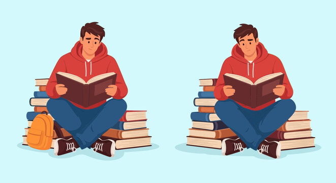 Man in red hoodie reading on book stacks.