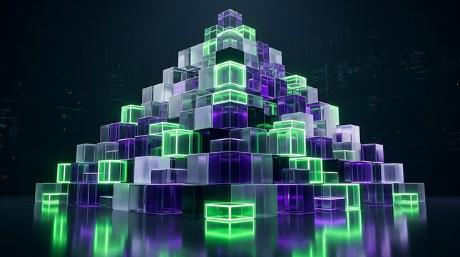 Abstract pyramid structure made of glowing glass cubes in purple and green colors representing data blocks blockchain technology and digital information flow.