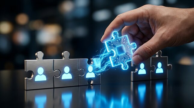 Hand placing AI powered puzzle piece into connected jigsaw symbolizing artificial intelligence integration into human resources and business strategy.