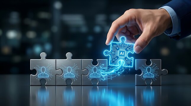 Hand placing AI powered puzzle piece into connected jigsaw symbolizing artificial intelligence integration into human resources and business strategy.