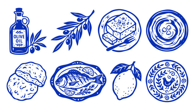 Greek Mediterranean food hand drawn icons set with olive oil fish feta and lemon