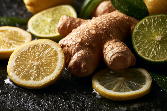 Fresh ginger root with lemon and lime slices, natural healthy food