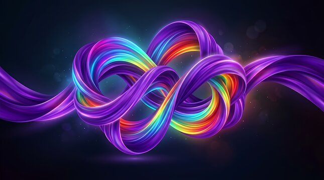 Contemporary digital graphic featuring an intertwined violet ribbon configuration with a vivid chromatic spectrum background abstract design purple loop shape 3d gradient vibrant modern ribbon curve