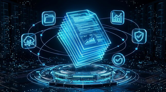Digital documents and icons with cyber security shield and data analysis charts on futuristic abstract technology background for business data management.