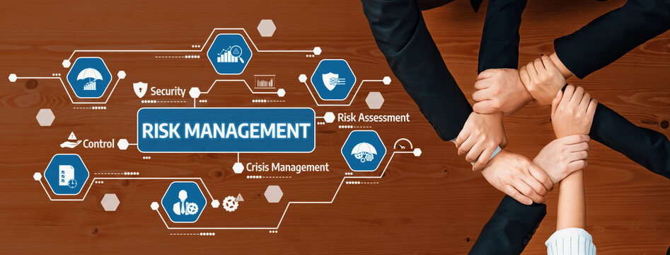 This image illustrates a collaborative risk management framework featuring hands uniting with icons signifying security, control, and assessment in a corporate setting. Amity