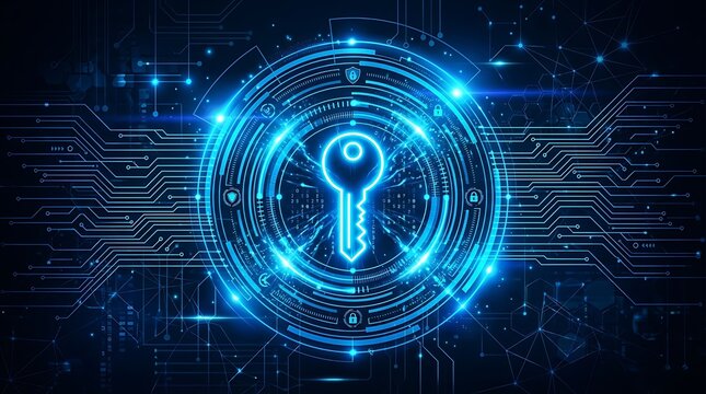 Glowing blue key symbol with circuitry on futuristic digital technology background representing encryption and data security access.
