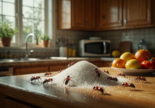 Ants Crawling on Sugar Mound in Kitchen Countertop