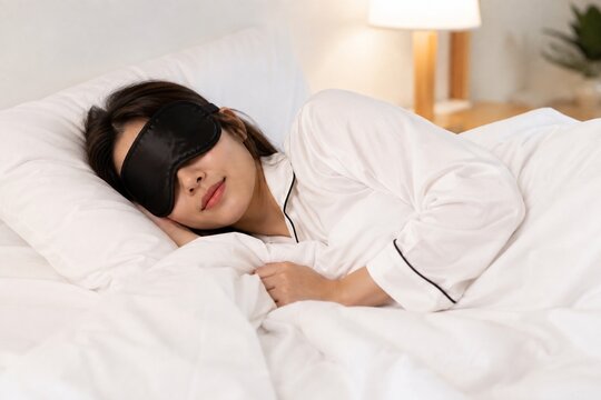 Woman sleeping in bed wearing eye mask and white pajamas
