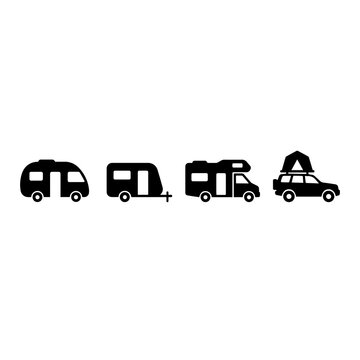 Minimalist black silhouette of four different camping vehicles including a small travel trailer, a motorhome, and a car with a roof tent