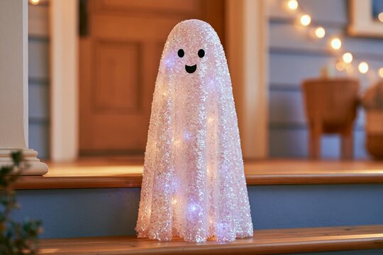 Elegant silver sequin ghost decoration with lights on front porch steps, smiling face visible, surrounded by warm outdoor lighting and wooden entrance door