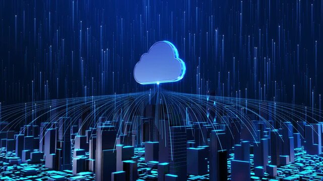 Central cloud platform digital city and network canopy. hybrid cloud, edge computing, enterprise services, data storage, secure access, software deployment, backup, AI infrastructure remote systems.