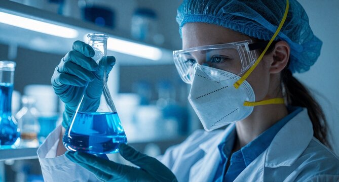 Female Scientist in Lab Coat Holding Erlenmeyer Flask with Blue Chemical Solution