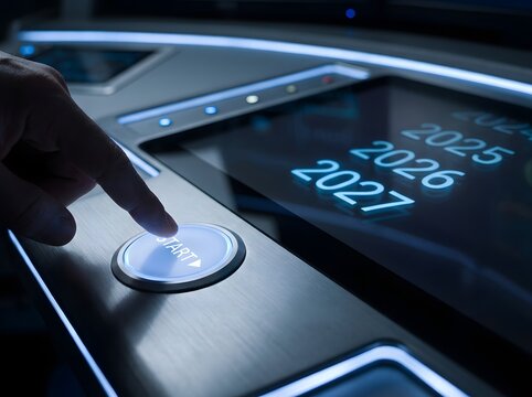 Hand pressing illuminated start button on futuristic interface with year 2027 display.