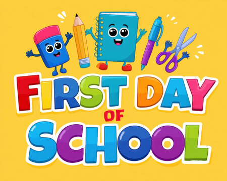 First day of school colorful banner  illustration with cute cartoon stationery characters pencil notebook eraser pen and scissors dancing on bright yellow background for education concept back
