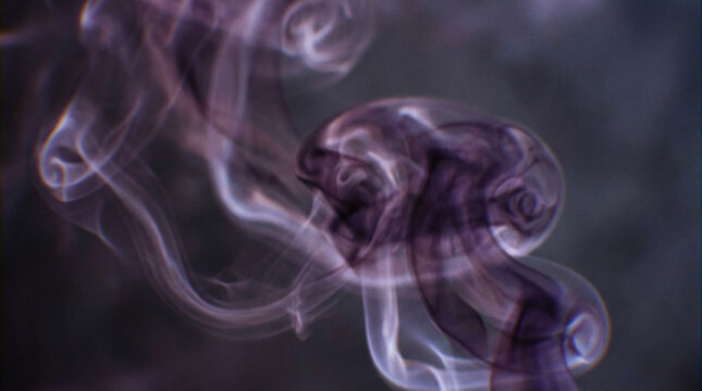 Wisps of dark purple and white smoke swirl and curl in a close-up abstract pattern, creating a moody and ethereal atmosphere, suitable for backgrounds or overlay effects