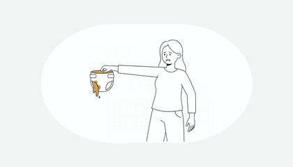 Obraz premium Frustrated mother holding a dirty baby diaper at arm's length with a disgusted facial expression in a black and white line art style.
